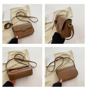 Detailed views of a brown vintage crossbody bag with a square buckle and paneled leather finish