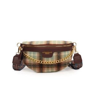 Sac ceinture vintage à carreaux verts avec chaîne dorée et bandoulière tissée ethnique