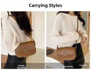 Close-up of brown faux leather saddle bag showing texture and square buckle detail