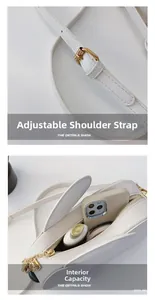 Détails de la bandoulière réglable et capacité interne du sac en cuir blanc litchi
