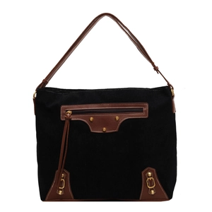 Retro corduroy and brown leather tote bag with vintage gold rivets and long shoulder strap