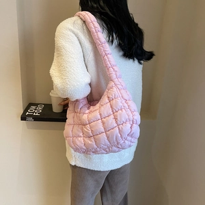 Pink quilted puffer crossbody bag with large capacity for casual everyday fashion