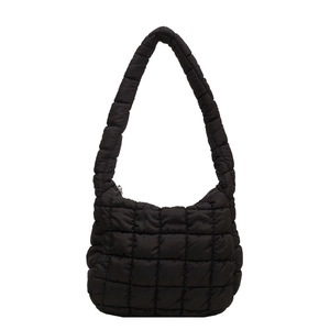 Quilted black puffer cloud bag with large padded grid texture and versatile shoulder strap