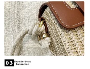 Dettaglio borsa in paglia intrecciata con finiture in pelle e tracolla in cotone