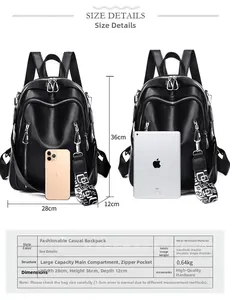 Size chart for black faux leather backpack with dimensions 28x36x12cm and weight details