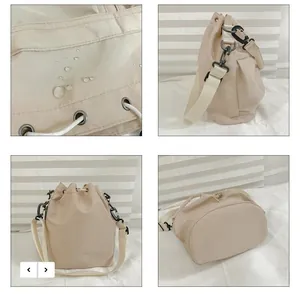 Detailed view of beige nylon bucket bag showing waterproof fabric and drawstring toggle