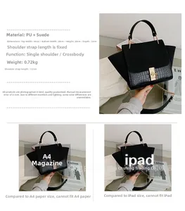 Detail view of black PU and frosted handbag with dimensions and trapezoid structure