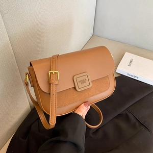 Retro Women Crossbody Bag Small Square Shoulder Bag PU Leather Suede Stitching Flap Magnetic Buckle Adjustable Strap
