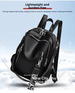 Detail of black pebbled leather backpack showing multi-zipper pockets and 0.64kg weight