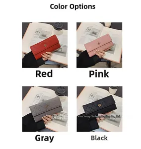 Close-up of long quilted leather wallets with floral accents in four stylish colors