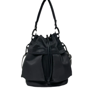 Black nylon bucket bag with drawstring closure and large front utility pockets