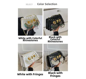 Detailed grid view of owl shaped crossbody bags with tassels and diamond accents in black and white