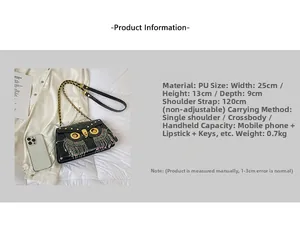 Detail view of owl chain bag dimensions 25x13x9cm with rhombus pattern and PU leather