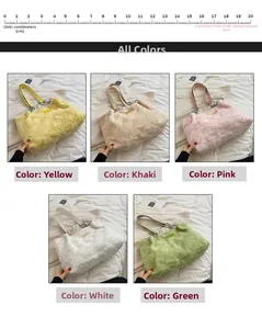 Detailed color selection of plush heart tote bags showing yellow, khaki, pink, white, and green