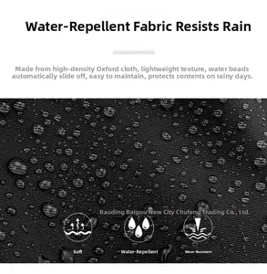 Waterproof detail of high-density nylon fabric showing water droplets on the black backpack