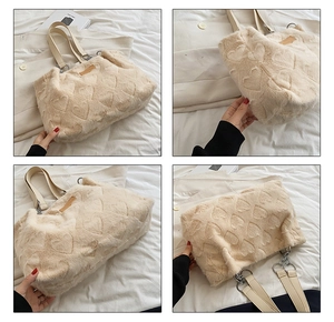 Detail view of cream plush tote bag with heart pattern and leather handles in a collage
