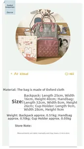 Size chart for 3-piece oxford mummy bag set with backpack and handbag dimensions