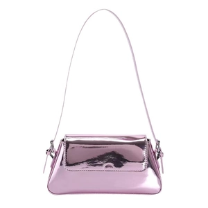 Pink metallic mirror leather baguette bag with high-shine finish and long shoulder strap