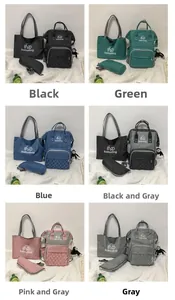 Three-piece mummy bag set including backpack, tote, and pouch in six colors with quilting