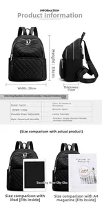 Detailed views of nylon quilted backpack showing dimensions and capacity vs A4 magazine