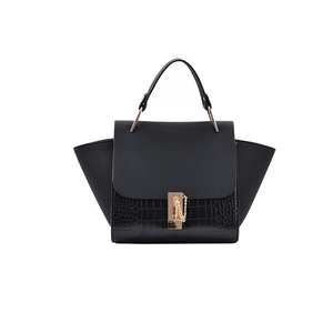 Black matte leather wings handbag with crocodile texture and gold metal handle