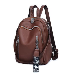 Fashionable dark brown PU leather backpack with multi-zipper pockets and large capacity
