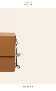 Detail showing brown faux leather phone bag with brand embossing and metal zipper