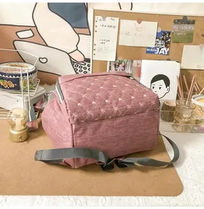 Detail of light pink quilted mummy backpack with star embroidery and grey straps