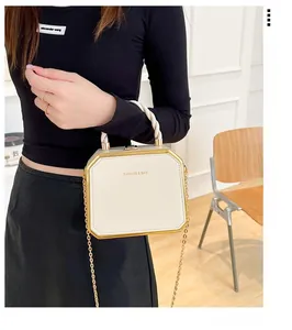 Octagonal cream mini box bag with gold trim, woven handle, and chain strap detail