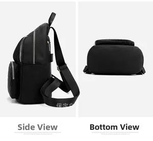 Side and bottom detail of a black quilted nylon backpack with multi-layer zippers