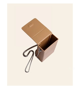 Detail view of the brown leather mini crossbody bag with a silver snake chain strap