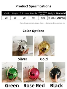 Size specifications of round acrylic evening bag with spherical chain and various colors