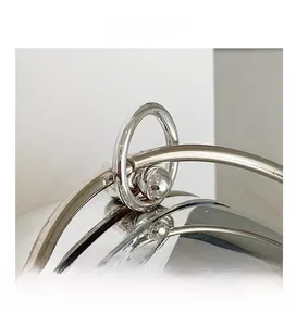 Macro shot of the polished silver spherical hardware lock and metallic ring detail