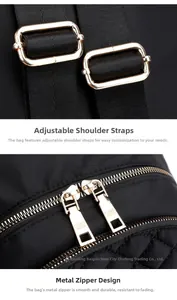 Detail of nylon quilted backpack featuring gold metal buckles and smooth brand zippers