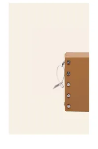 Close-up of brown leather bag with five silver metal studs and a plastic security tag