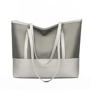Large Capacity Tote Bag Oxford Cloth And PU Leather Stitched Lightweight Commuter Handbag For Women Solid Color Casual