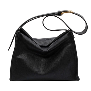 Minimalist black lychee texture leather tote bag with adjustable gold buckle strap