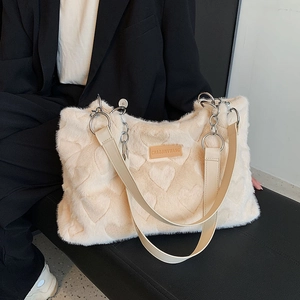 Plush Heart Embossed Tote Bag Women Faux Fur Large Capacity Shoulder Handbag With Chain Strap Autumn Winter