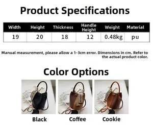 Detailed size chart and multi-color options for the PU leather bucket bag with dimensions