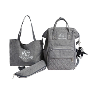 3-piece grey diaper bag set including backpack, tote, and pouch with plush toy charm