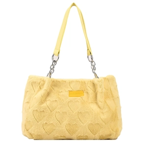 Chic yellow plush heart tote bag with silver chain strap and faux fur texture