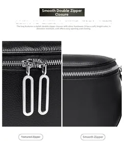 Gros plan sur la double fermeture éclair argentée du sac banane en cuir grainé noir