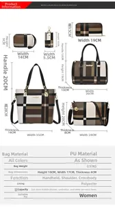Detailed dimension guide for 6-piece plaid tote bag set with capacity and material info
