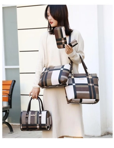 Outdoor shot of a 5-piece women's handbag set featuring classic brown and beige plaid
