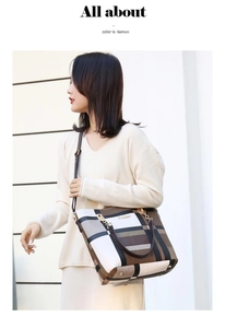 Classic checkered tote bag with leather texture and adjustable strap in outdoor setting