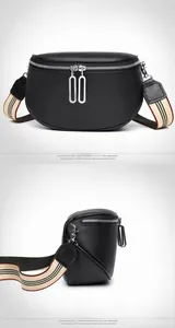 Détail du sac banane en cuir noir avec sangle rayée colorée et finitions métalliques argent
