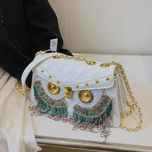 Owl Design Crossbody Bag Women Rhombic Quilted PU Leather Colorful Bead Tassel Metal Chain Strap Fashion Small Square