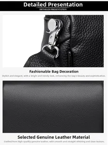 Détail de la sacoche en cuir véritable noir montrant le grain lychee et le crochet argenté