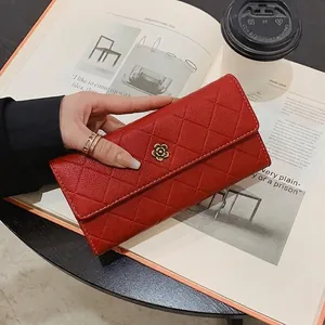 Women Long Wallet Quilted PU Leather Rhombus Pattern Metal Flower Buckle Trifold Large Capacity Card Holder Clutch