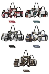 Detailed six-piece handbag set featuring classic checkered patterns and hardware